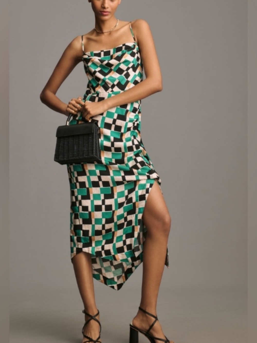 Anthropologie Geometric Draped Asymmetrical Midi Dress 14 Open Back Side Slit